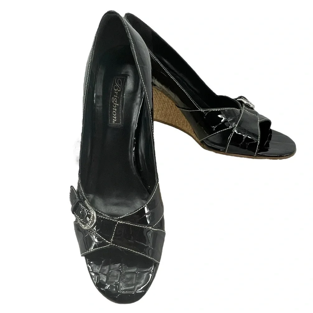 BRIGHTON Black Patent Leather Croc Wedge Peep Toe Corporate Mature Sandal  Sz 10